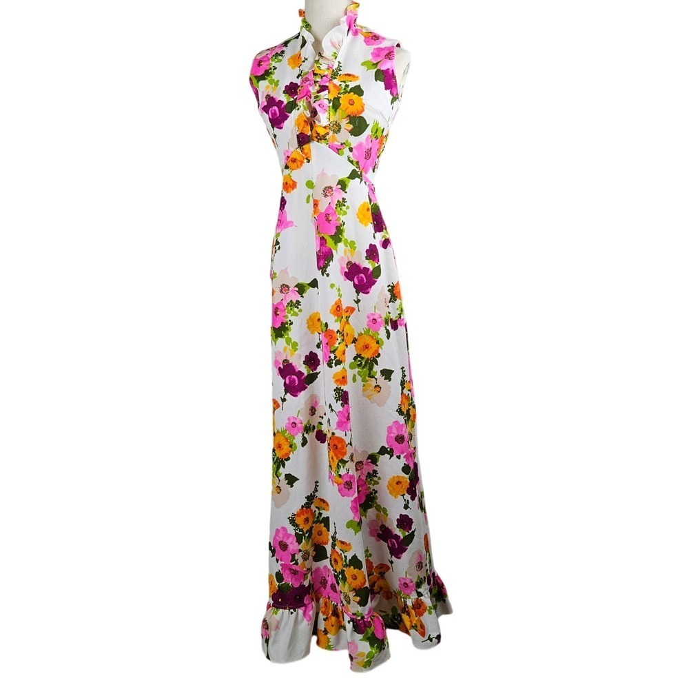 Vintage 70s Floral Maxi Dress Sleeveless S? Ruffle Neck White Pink Orange